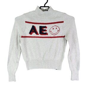 Womens White Red American Eagle Knit Sweater Retro Mock Neck Long Sleeve Size M